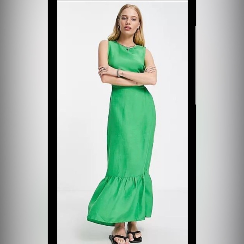 Topshop Bright Green Sleeveless Maxi Dress with Ruffle Hem Linen